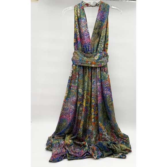 Vintage Jack Bryan Dress 8 Multicolor Floral Halter Maxi Chiffon Overlay 70s 60s - Picture 2 of 12